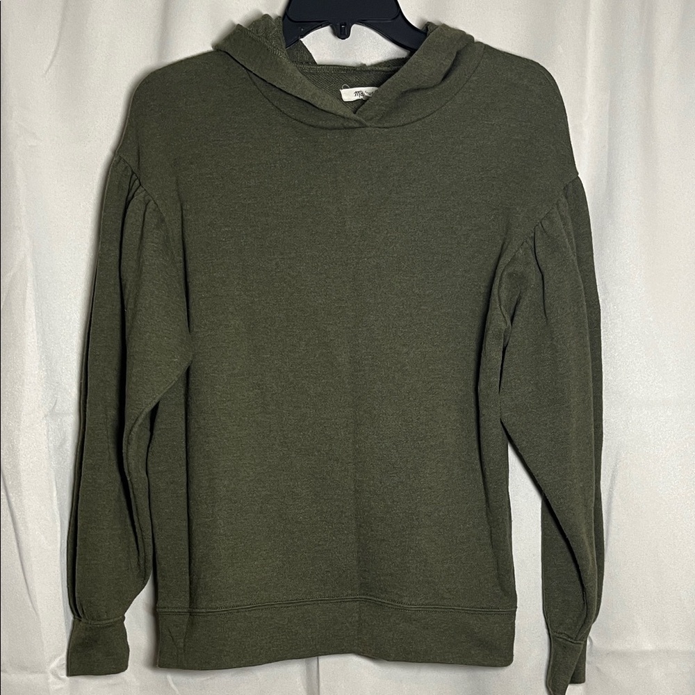 Madewell Pleat Sleeve Shrunken Hoodie Sweatshirt‎ Olive Green Heathered XXS